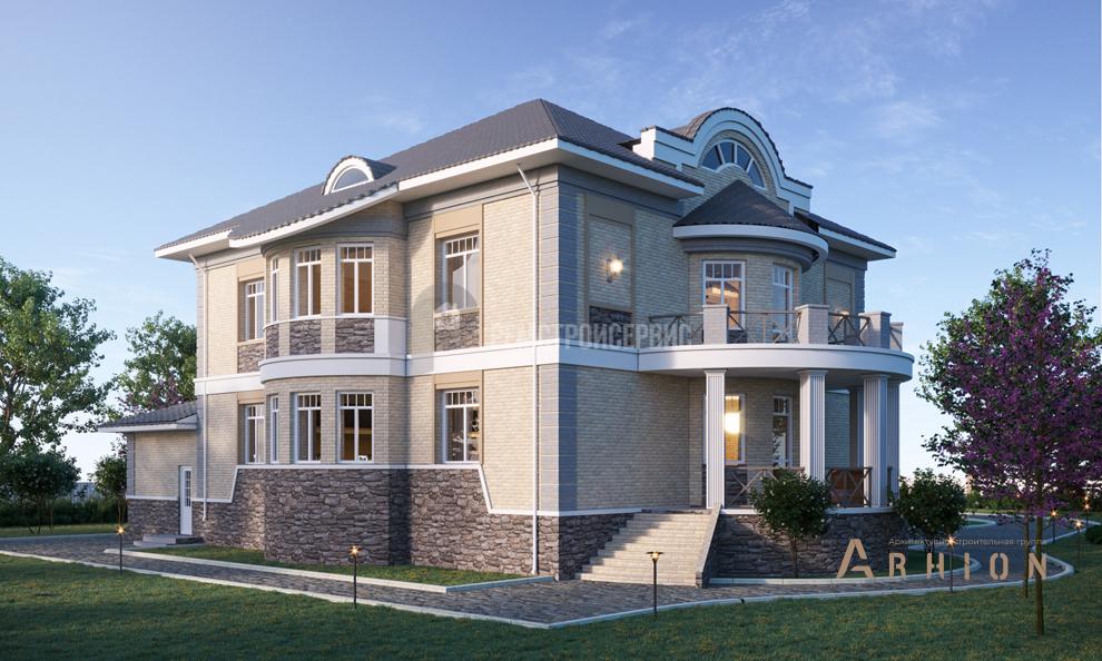 2. Проект двухэтажного дома в стиле модерн с многоскатной кровлей, t-55-01, площадью - 592 кв c цокольным этажом, мансардой, терассой, балконом, гаражом, эркером